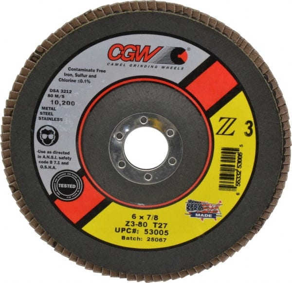 CGW Abrasives - 6" 80 Grit 7/8" Center Hole Type 27 Zirconia Alumina Flap Disc - Exact Tooling