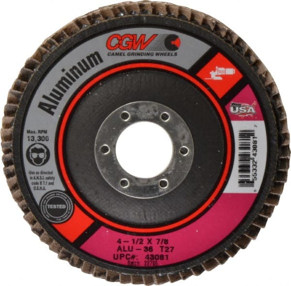 Camel Grinding Wheels - 36 Grit, 4-1/2" Disc Diam, 7/8" Center Hole, Type 27 Aluminum Oxide Flap Disc - 13,300 Max RPM, Polyester Backing, Arbor Attaching System, Coated - Exact Tooling