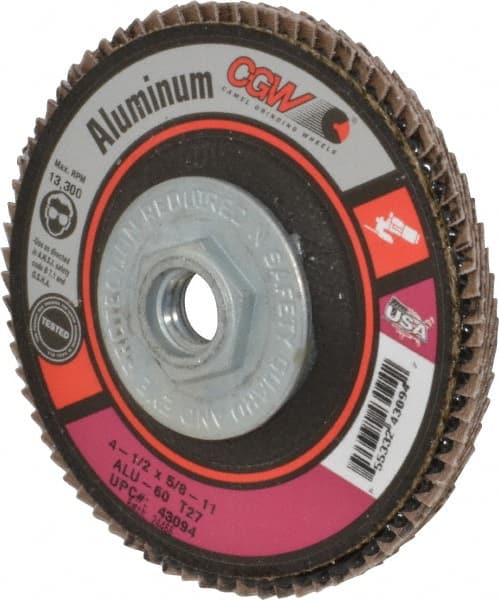Camel Grinding Wheels - 60 Grit, 4-1/2" Disc Diam, 5/8-11 Center Hole, Type 27 Aluminum Oxide Flap Disc - 13,300 Max RPM, Polyester Backing, Arbor Attaching System, Coated - Exact Tooling