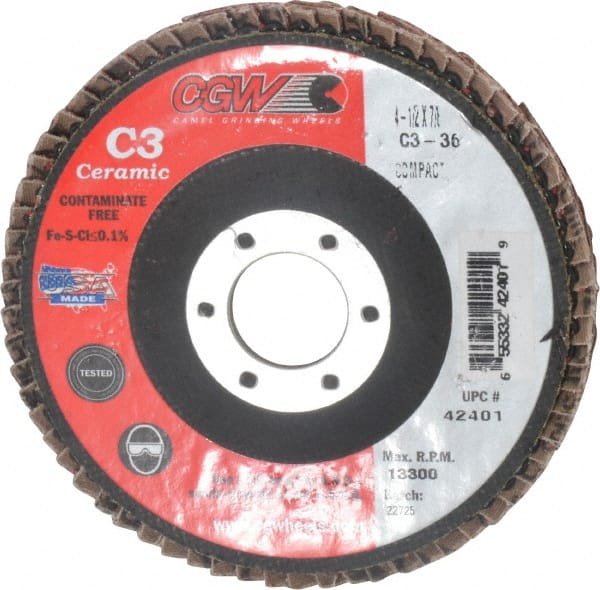 Camel Grinding Wheels - 36 Grit, 4-1/2" Disc Diam, 7/8" Center Hole, Ceramic Flap Disc - 13,300 Max RPM, Polyester Backing, Arbor Attaching System, Coated - Exact Tooling