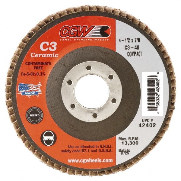 Camel Grinding Wheels - 80 Grit, 5" Disc Diam, 5/8-11 Center Hole, Ceramic Flap Disc - 12,200 Max RPM, Polyester Backing, Arbor Attaching System, Coated - Exact Tooling