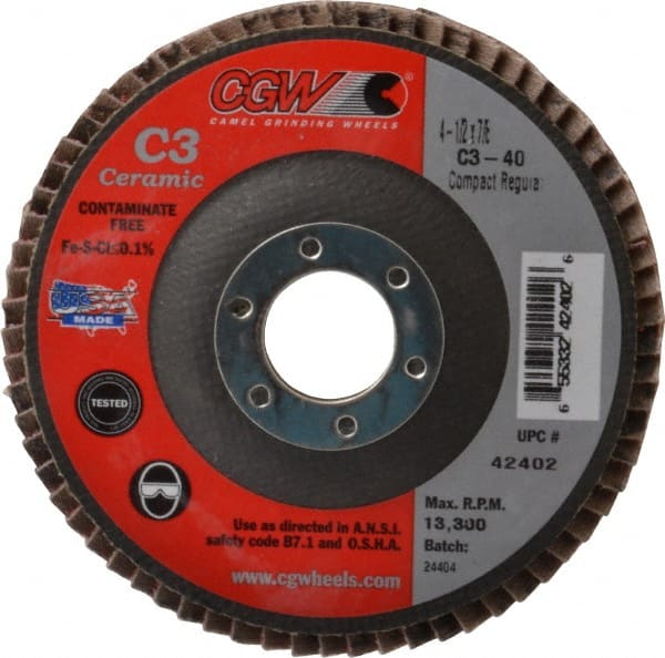 Camel Grinding Wheels - 40 Grit, 4-1/2" Disc Diam, 7/8" Center Hole, Ceramic Flap Disc - 13,300 Max RPM, Polyester Backing, Arbor Attaching System, Coated - Exact Tooling