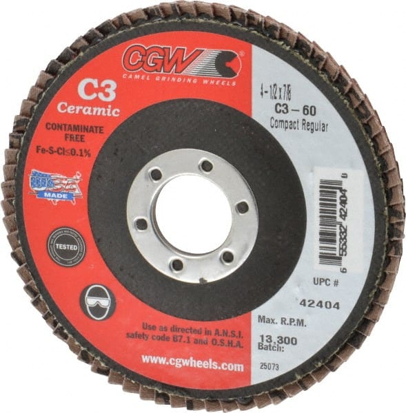 Camel Grinding Wheels - 60 Grit, 4-1/2" Disc Diam, 7/8" Center Hole, Ceramic Flap Disc - 13,300 Max RPM, Polyester Backing, Arbor Attaching System, Coated - Exact Tooling