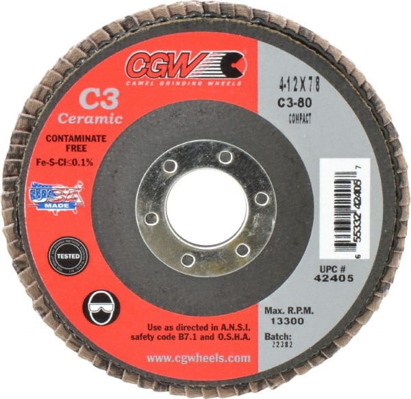 Camel Grinding Wheels - 80 Grit, 4-1/2" Disc Diam, 7/8" Center Hole, Ceramic Flap Disc - 13,300 Max RPM, Polyester Backing, Arbor Attaching System, Coated - Exact Tooling