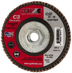 Camel Grinding Wheels - 36 Grit, 4-1/2" Disc Diam, 5/8-11 Center Hole, Ceramic Flap Disc - 13,300 Max RPM, Polyester Backing, Arbor Attaching System, Coated - Exact Tooling