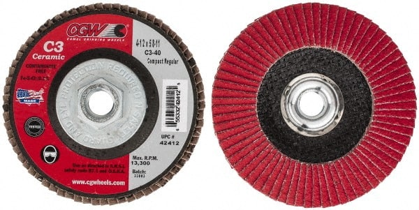 Camel Grinding Wheels - 40 Grit, 4-1/2" Disc Diam, 5/8-11 Center Hole, Ceramic Flap Disc - 13,300 Max RPM, Polyester Backing, Arbor Attaching System, Coated - Exact Tooling