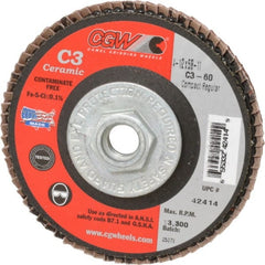 Camel Grinding Wheels - 60 Grit, 4-1/2" Disc Diam, 5/8-11 Center Hole, Ceramic Flap Disc - 13,300 Max RPM, Polyester Backing, Arbor Attaching System, Coated - Exact Tooling