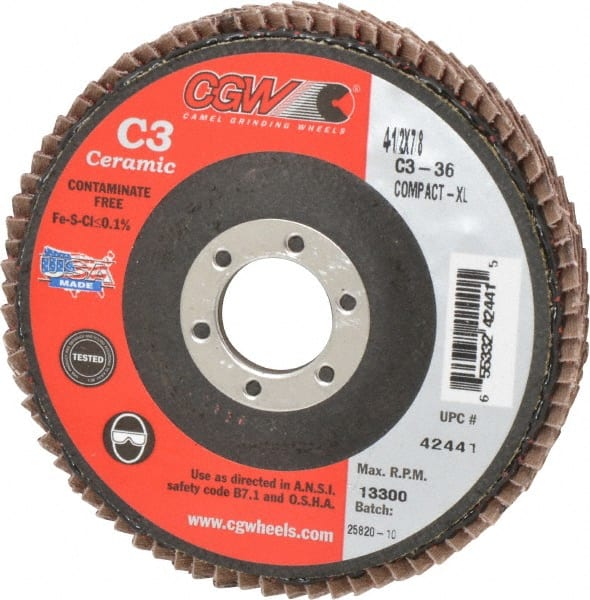 Camel Grinding Wheels - 36 Grit, 4-1/2" Disc Diam, 7/8" Center Hole, Ceramic Flap Disc - 13,300 Max RPM, Polyester Backing, Arbor Attaching System, Coated - Exact Tooling