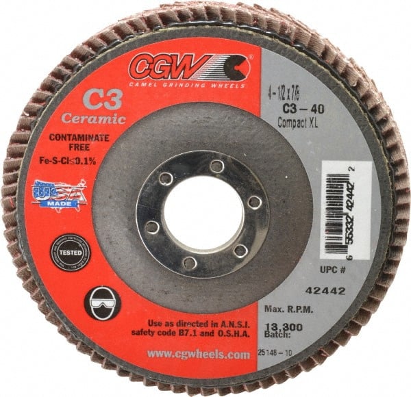 Camel Grinding Wheels - 40 Grit, 4-1/2" Disc Diam, 7/8" Center Hole, Ceramic Flap Disc - 13,300 Max RPM, Polyester Backing, Arbor Attaching System, Coated - Exact Tooling