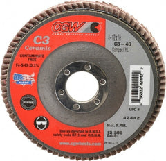 Camel Grinding Wheels - 40 Grit, 4-1/2" Disc Diam, 7/8" Center Hole, Ceramic Flap Disc - 13,300 Max RPM, Polyester Backing, Arbor Attaching System, Coated - Exact Tooling