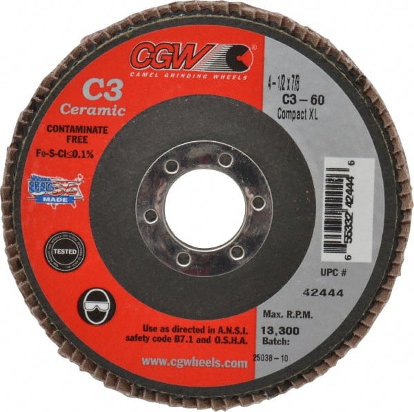 Camel Grinding Wheels - 60 Grit, 4-1/2" Disc Diam, 7/8" Center Hole, Ceramic Flap Disc - 13,300 Max RPM, Polyester Backing, Arbor Attaching System, Coated - Exact Tooling