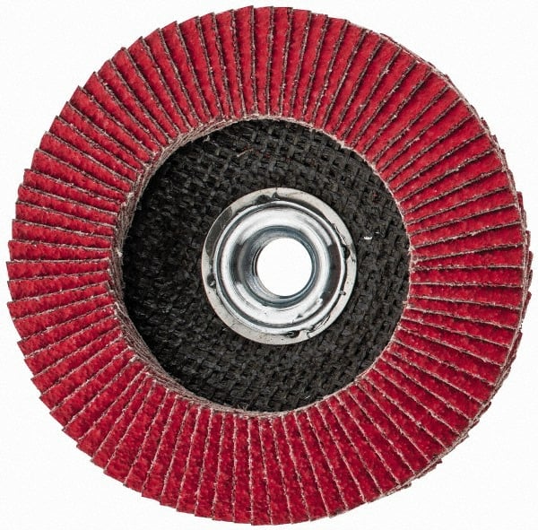 Camel Grinding Wheels - 40 Grit, 4-1/2" Disc Diam, 5/8-11 Center Hole, Ceramic Flap Disc - 13,300 Max RPM, Polyester Backing, Arbor Attaching System, Coated - Exact Tooling