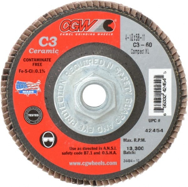 Camel Grinding Wheels - 60 Grit, 4-1/2" Disc Diam, 5/8-11 Center Hole, Ceramic Flap Disc - 13,300 Max RPM, Polyester Backing, Arbor Attaching System, Coated - Exact Tooling