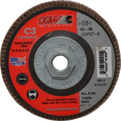 Camel Grinding Wheels - 80 Grit, 4-1/2" Disc Diam, 5/8-11 Center Hole, Ceramic Flap Disc - 13,300 Max RPM, Polyester Backing, Arbor Attaching System, Coated - Exact Tooling