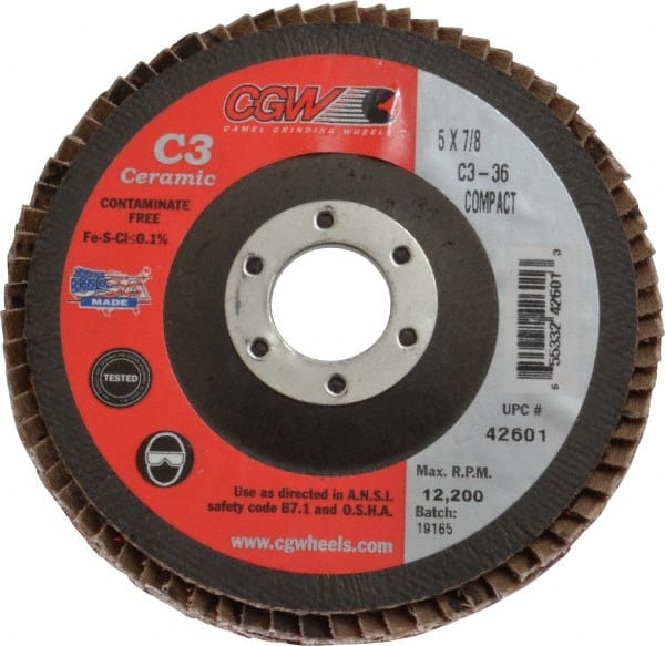 Camel Grinding Wheels - 36 Grit, 5" Disc Diam, 7/8" Center Hole, Ceramic Flap Disc - 12,200 Max RPM, Polyester Backing, Arbor Attaching System, Coated - Exact Tooling