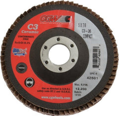 Camel Grinding Wheels - 36 Grit, 5" Disc Diam, 7/8" Center Hole, Ceramic Flap Disc - 12,200 Max RPM, Polyester Backing, Arbor Attaching System, Coated - Exact Tooling