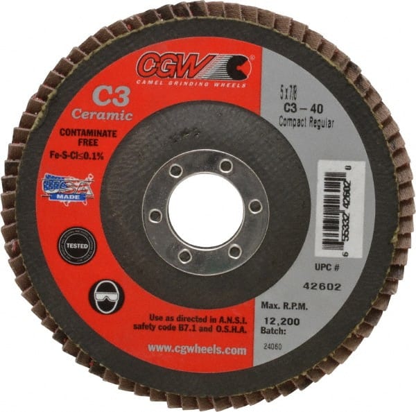 Camel Grinding Wheels - 40 Grit, 5" Disc Diam, 7/8" Center Hole, Ceramic Flap Disc - 12,200 Max RPM, Polyester Backing, Arbor Attaching System, Coated - Exact Tooling