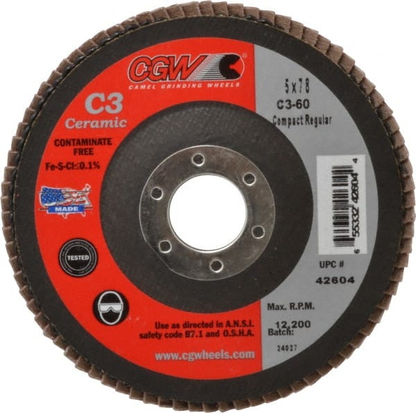 Camel Grinding Wheels - 60 Grit, 5" Disc Diam, 7/8" Center Hole, Ceramic Flap Disc - 12,200 Max RPM, Polyester Backing, Arbor Attaching System, Coated - Exact Tooling