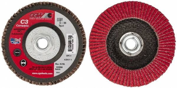 Camel Grinding Wheels - 36 Grit, 5" Disc Diam, 5/8-11 Center Hole, Ceramic Flap Disc - 12,200 Max RPM, Polyester Backing, Arbor Attaching System, Coated - Exact Tooling