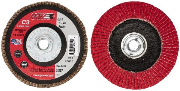 Camel Grinding Wheels - 40 Grit, 5" Disc Diam, 5/8-11 Center Hole, Ceramic Flap Disc - 12,200 Max RPM, Polyester Backing, Arbor Attaching System, Coated - Exact Tooling