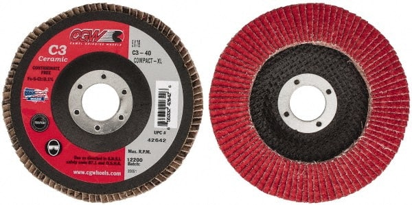 Camel Grinding Wheels - 40 Grit, 5" Disc Diam, 7/8" Center Hole, Ceramic Flap Disc - 12,200 Max RPM, Polyester Backing, Arbor Attaching System, Coated - Exact Tooling