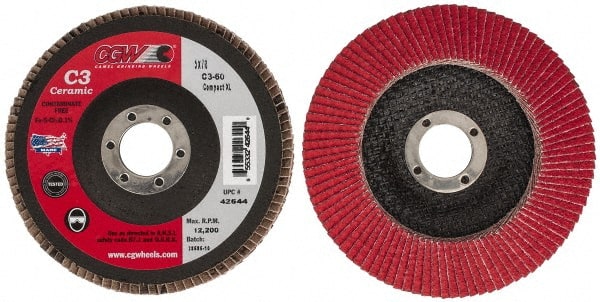 Camel Grinding Wheels - 60 Grit, 5" Disc Diam, 7/8" Center Hole, Ceramic Flap Disc - 12,200 Max RPM, Polyester Backing, Arbor Attaching System, Coated - Exact Tooling