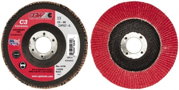 Camel Grinding Wheels - 80 Grit, 5" Disc Diam, 7/8" Center Hole, Ceramic Flap Disc - 12,200 Max RPM, Polyester Backing, Arbor Attaching System, Coated - Exact Tooling