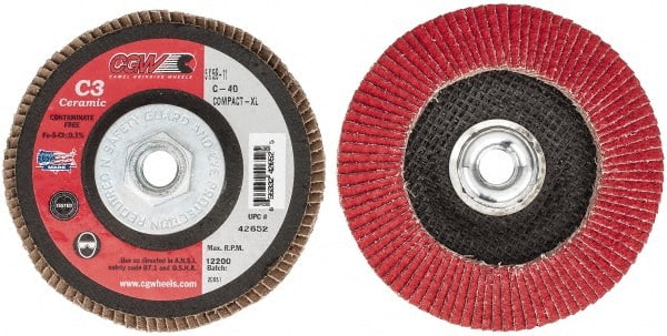Camel Grinding Wheels - 40 Grit, 5" Disc Diam, 5/8-11 Center Hole, Ceramic Flap Disc - 12,200 Max RPM, Polyester Backing, Arbor Attaching System, Coated - Exact Tooling