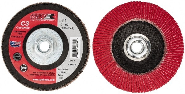 Camel Grinding Wheels - 60 Grit, 5" Disc Diam, 5/8-11 Center Hole, Ceramic Flap Disc - 12,200 Max RPM, Polyester Backing, Arbor Attaching System, Coated - Exact Tooling