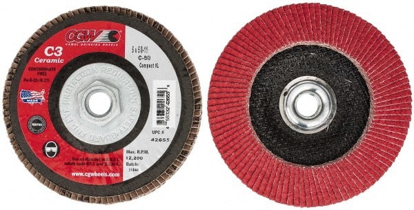 Camel Grinding Wheels - 80 Grit, 5" Disc Diam, 5/8-11 Center Hole, Ceramic Flap Disc - 12,200 Max RPM, Polyester Backing, Arbor Attaching System, Coated - Exact Tooling