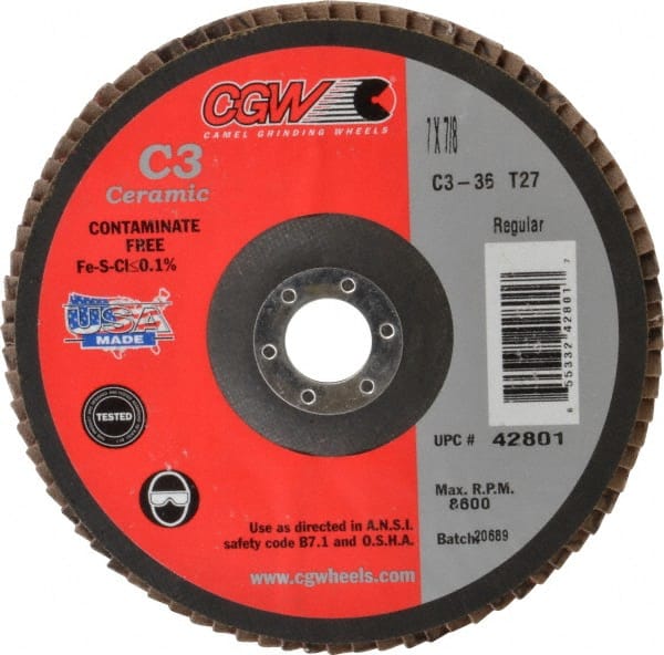 Camel Grinding Wheels - 36 Grit, 7" Disc Diam, 7/8" Center Hole, Type 27 Ceramic Flap Disc - 8,600 Max RPM, Polyester Backing, Arbor Attaching System, Coated - Exact Tooling
