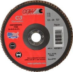 Camel Grinding Wheels - 36 Grit, 7" Disc Diam, 7/8" Center Hole, Type 27 Ceramic Flap Disc - 8,600 Max RPM, Polyester Backing, Arbor Attaching System, Coated - Exact Tooling