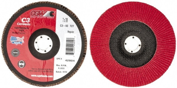 Camel Grinding Wheels - 60 Grit, 7" Disc Diam, 7/8" Center Hole, Type 27 Ceramic Flap Disc - 8,600 Max RPM, Polyester Backing, Arbor Attaching System, Coated - Exact Tooling
