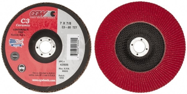 Camel Grinding Wheels - 80 Grit, 7" Disc Diam, 7/8" Center Hole, Type 27 Ceramic Flap Disc - 8,600 Max RPM, Polyester Backing, Arbor Attaching System, Coated - Exact Tooling