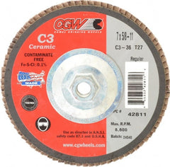 Camel Grinding Wheels - 36 Grit, 7" Disc Diam, 5/8-11 Center Hole, Type 27 Ceramic Flap Disc - 8,600 Max RPM, Polyester Backing, Arbor Attaching System, Coated - Exact Tooling