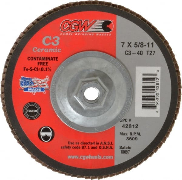 Camel Grinding Wheels - 40 Grit, 7" Disc Diam, 5/8-11 Center Hole, Type 27 Ceramic Flap Disc - 8,600 Max RPM, Polyester Backing, Arbor Attaching System, Coated - Exact Tooling