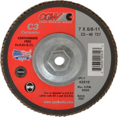 Camel Grinding Wheels - 40 Grit, 7" Disc Diam, 5/8-11 Center Hole, Type 27 Ceramic Flap Disc - 8,600 Max RPM, Polyester Backing, Arbor Attaching System, Coated - Exact Tooling