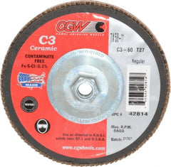 Camel Grinding Wheels - 60 Grit, 7" Disc Diam, 5/8-11 Center Hole, Type 27 Ceramic Flap Disc - 8,600 Max RPM, Polyester Backing, Arbor Attaching System, Coated - Exact Tooling