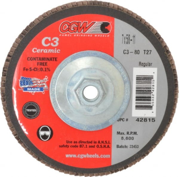 Camel Grinding Wheels - 80 Grit, 7" Disc Diam, 5/8-11 Center Hole, Type 27 Ceramic Flap Disc - 8,600 Max RPM, Polyester Backing, Arbor Attaching System, Coated - Exact Tooling