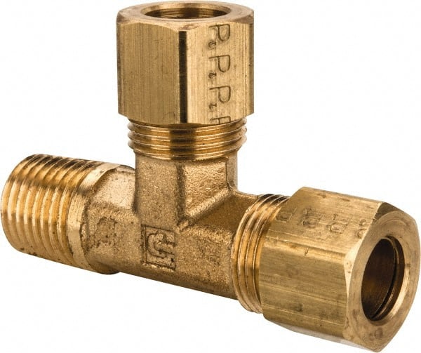 Parker - 3/8" OD, Brass Male Run Tee - 200 Max Working psi, -65 to 250°F, Comp x MNPT x Comp Ends - Exact Tooling