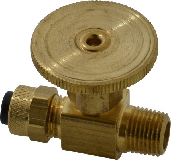Parker - 1/4 x 1/8" Pipe, Inline Needle Valve - Poly-Tite x MNPTF Ends, Brass Valve, 150 Max psi - Exact Tooling