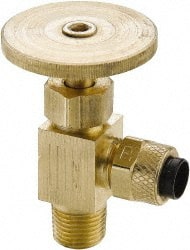 Parker - 1/4" Pipe, Angled Needle Valve - Poly-Tite x MNPTF Ends, Brass Valve, 150 Max psi - Exact Tooling