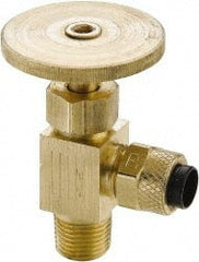 Parker - 1/4" Pipe, Angled Needle Valve - Poly-Tite x MNPTF Ends, Brass Valve, 150 Max psi - Exact Tooling