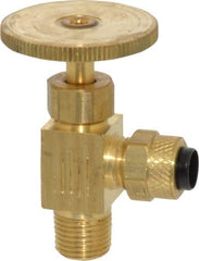 Parker - 1/4 x 1/8" Pipe, Angled Needle Valve - Poly-Tite x MNPTF Ends, Brass Valve, 150 Max psi - Exact Tooling