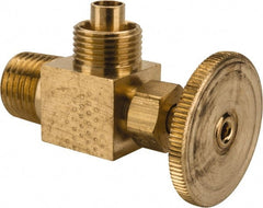 Parker - 3/8 x 1/4" Pipe, Angled Needle Valve - Poly-Tite x MNPTF Ends, Brass Valve, 150 Max psi - Exact Tooling