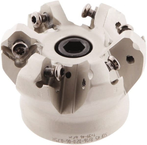 Iscar - 2" Cut Diam, 3/4" Arbor Hole, 0.138" Max Depth of Cut, 45° Indexable Chamfer & Angle Face Mill - 6 Inserts, ONHU 0505\xB6OXMT 0507\xB6S845 SN.U 1305 Insert, Right Hand Cut, 6 Flutes, Series Helido - Exact Tooling
