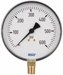 Wika - 4" Dial, 1/4 Thread, 0-600 Scale Range, Pressure Gauge - Lower Connection Mount, Accurate to 3-2-3% of Scale - Exact Tooling