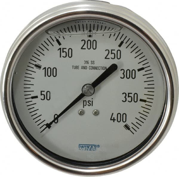 Wika - 4" Dial, 1/4 Thread, 0-400 Scale Range, Pressure Gauge - Lower Back Connection Mount, Accurate to 1% of Scale - Exact Tooling
