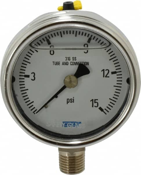 Wika - 2-1/2" Dial, 1/4 Thread, 0-15 Scale Range, Pressure Gauge - Lower Connection Mount, Accurate to 2-1-2% of Scale - Exact Tooling