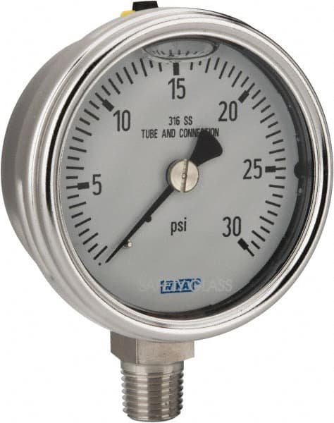 Wika - 2-1/2" Dial, 1/4 Thread, 0-30 Scale Range, Pressure Gauge - Lower Connection Mount, Accurate to 2-1-2% of Scale - Exact Tooling
